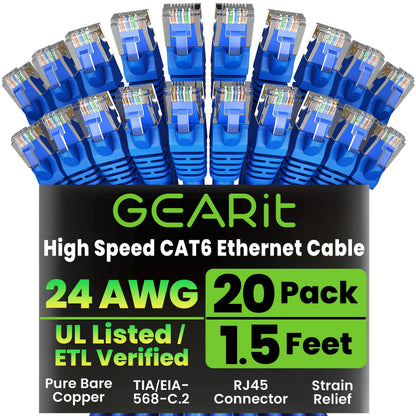 GEARit Cat 6 Ethernet Cable (20-Pack 5 Feet) Cat6 Network Patch, 10Gbps, RJ45, Snagless Cord, Gold-Plated Connectors, Internet for PC, TV, Tablet, Router, Printer, Servers, IT Data Center - Yellow