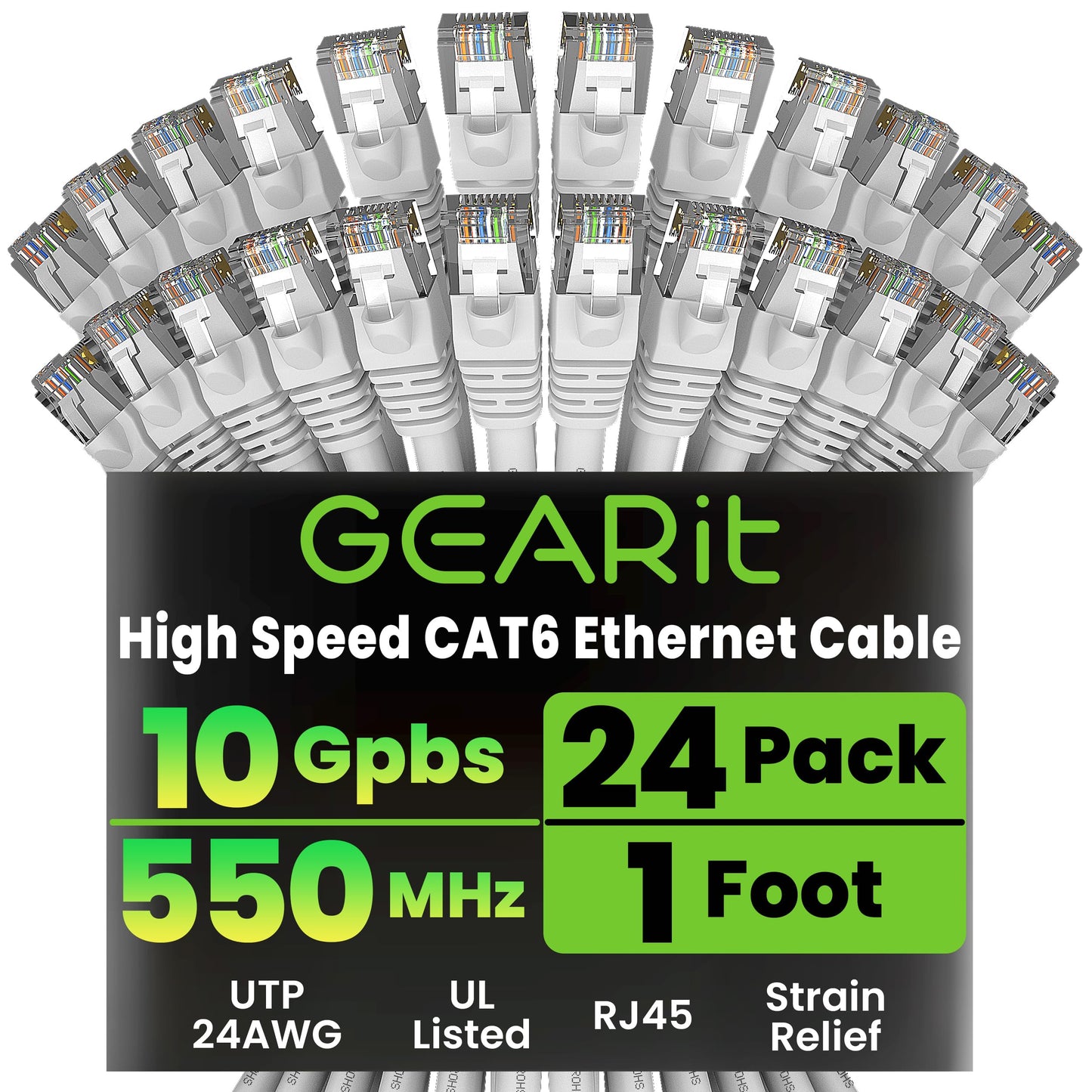 GEARit Cat 6 Ethernet Patch Cables 1 ft Yellow (Cat 6 Ethernet Cables 1 ft 24-Pack), High Speed 24AWG 10Gbps RJ45 Snagless Gold-Plated, Ethernet Cable for Router, Switch, PC, PS5 Gaming, Server