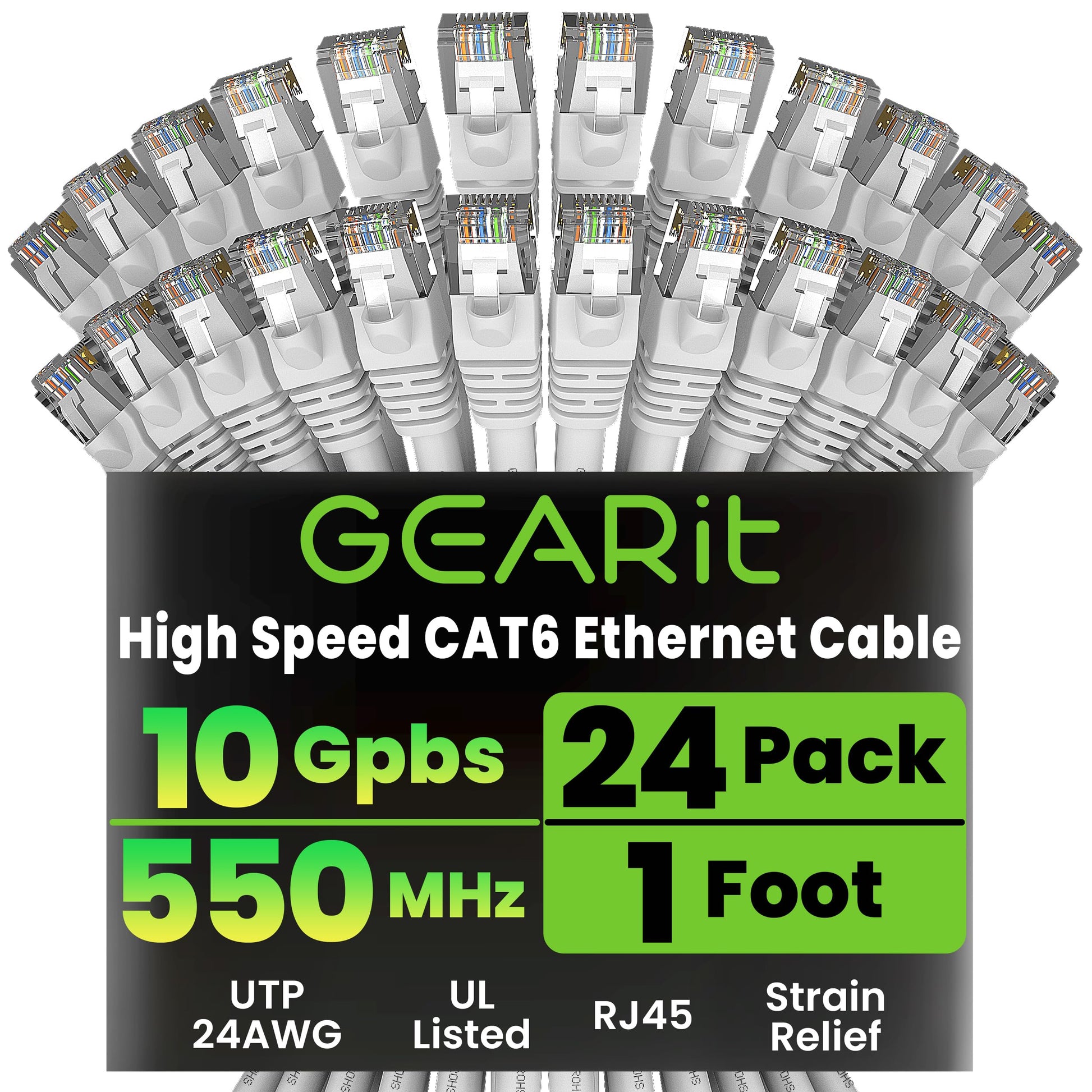 GEARit Cat 6 Ethernet Patch Cables 1 ft Yellow (Cat 6 Ethernet Cables 1 ft 24-Pack), High Speed 24AWG 10Gbps RJ45 Snagless Gold-Plated, Ethernet Cable for Router, Switch, PC, PS5 Gaming, Server
