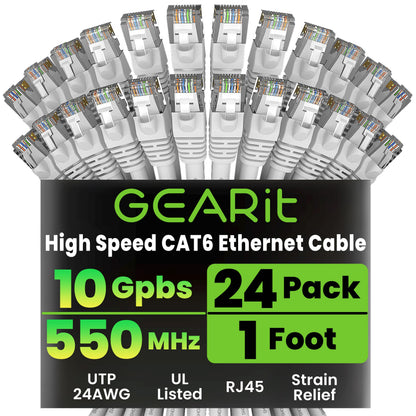GEARit Cat 6 Ethernet Patch Cables 1 ft Yellow (Cat 6 Ethernet Cables 1 ft 24-Pack), High Speed 24AWG 10Gbps RJ45 Snagless Gold-Plated, Ethernet Cable for Router, Switch, PC, PS5 Gaming, Server