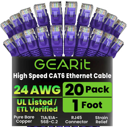 GEARit Cat 6 Ethernet Cable (20-Pack 5 Feet) Cat6 Network Patch, 10Gbps, RJ45, Snagless Cord, Gold-Plated Connectors, Internet for PC, TV, Tablet, Router, Printer, Servers, IT Data Center - Yellow