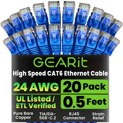 GEARit Cat 6 Ethernet Cable (20-Pack 5 Feet) Cat6 Network Patch, 10Gbps, RJ45, Snagless Cord, Gold-Plated Connectors, Internet for PC, TV, Tablet, Router, Printer, Servers, IT Data Center - Yellow
