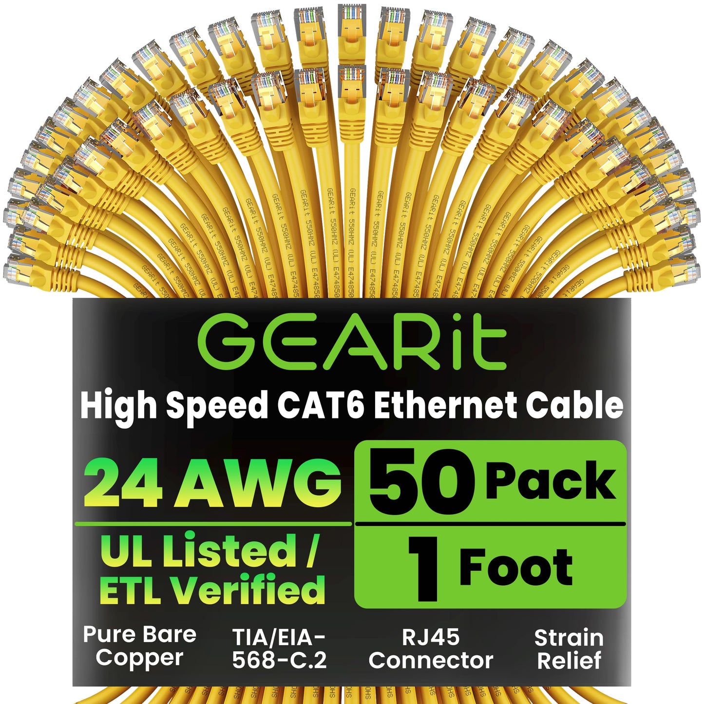 GEARit Cat 6 Ethernet Cable (20-Pack 5 Feet) Cat6 Network Patch, 10Gbps, RJ45, Snagless Cord, Gold-Plated Connectors, Internet for PC, TV, Tablet, Router, Printer, Servers, IT Data Center - Yellow