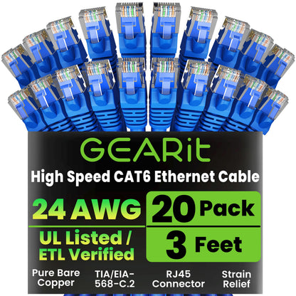 GEARit Cat 6 Ethernet Cable (20-Pack 5 Feet) Cat6 Network Patch, 10Gbps, RJ45, Snagless Cord, Gold-Plated Connectors, Internet for PC, TV, Tablet, Router, Printer, Servers, IT Data Center - Yellow