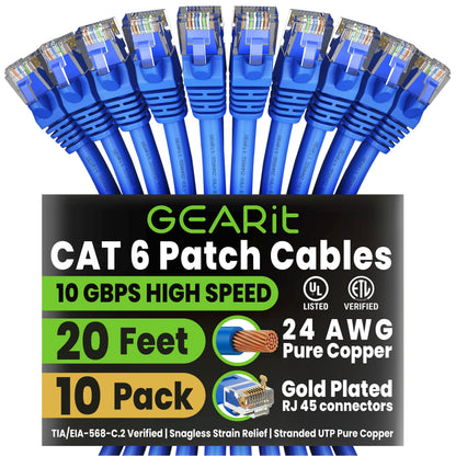 GEARit Cat 6 Ethernet Cable (20-Pack 5 Feet) Cat6 Network Patch, 10Gbps, RJ45, Snagless Cord, Gold-Plated Connectors, Internet for PC, TV, Tablet, Router, Printer, Servers, IT Data Center - Yellow