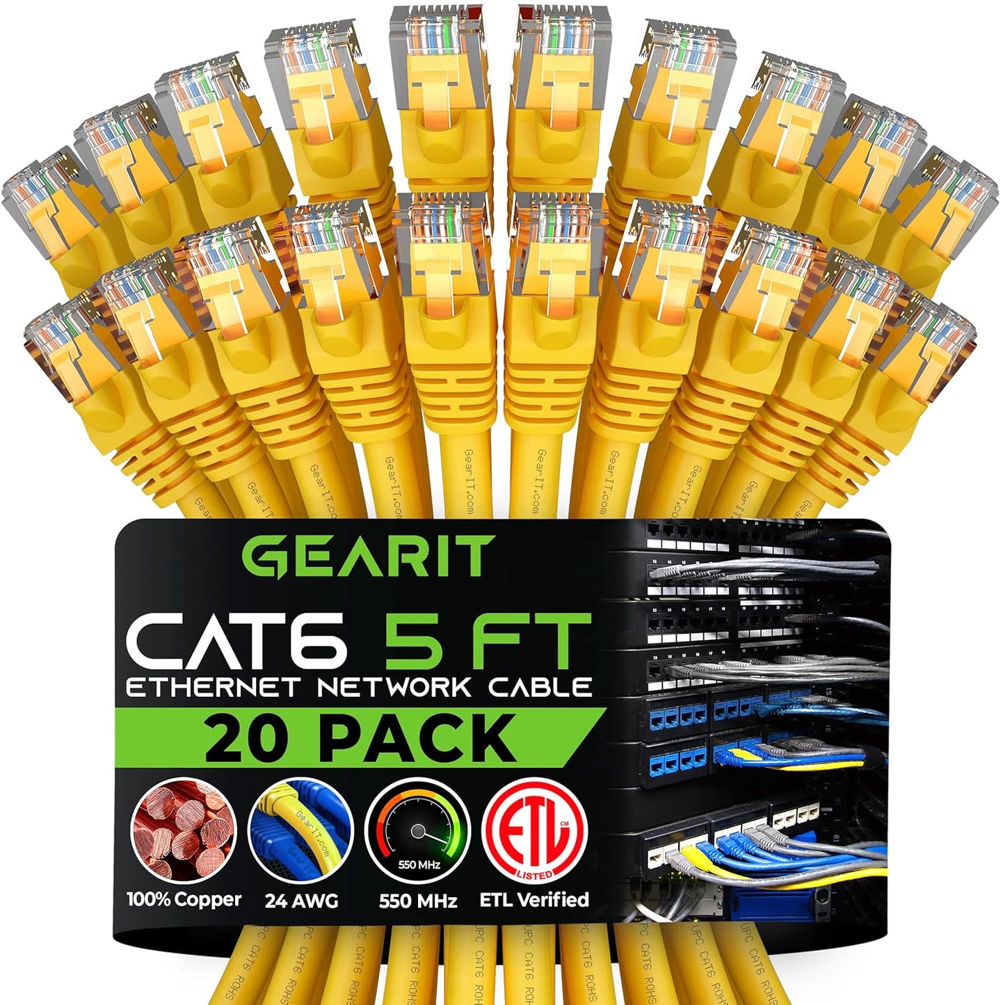 GEARit Cat 6 Ethernet Cable (20-Pack 5 Feet) Cat6 Network Patch, 10Gbps, RJ45, Snagless Cord, Gold-Plated Connectors, Internet for PC, TV, Tablet, Router, Printer, Servers, IT Data Center - Yellow