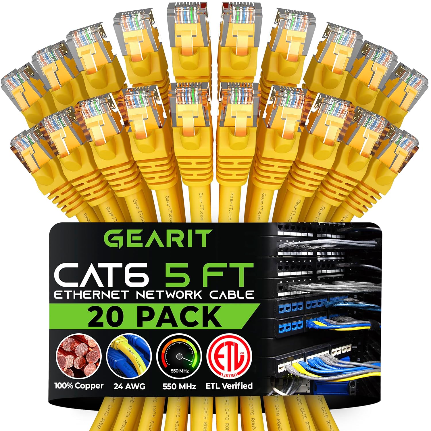 GEARit Cat 6 Ethernet Cable (20-Pack 5 Feet) Cat6 Network Patch, 10Gbps, RJ45, Snagless Cord, Gold-Plated Connectors, Internet for PC, TV, Tablet, Router, Printer, Servers, IT Data Center - Yellow