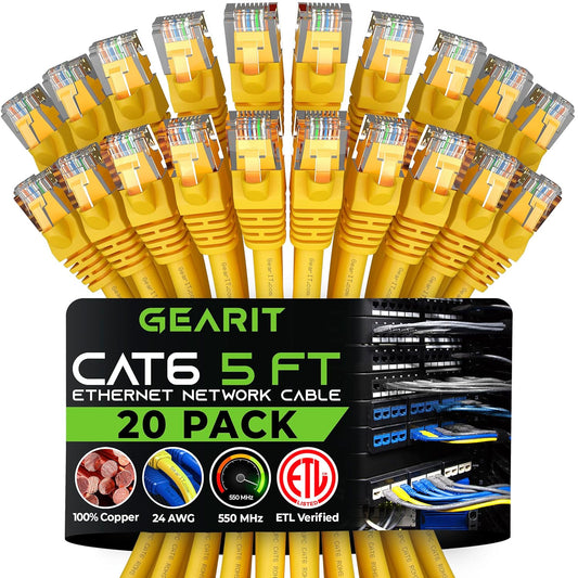 GEARit Cat 6 Ethernet Cable (20-Pack 5 Feet) Cat6 Network Patch, 10Gbps, RJ45, Snagless Cord, Gold-Plated Connectors, Internet for PC, TV, Tablet, Router, Printer, Servers, IT Data Center - Yellow