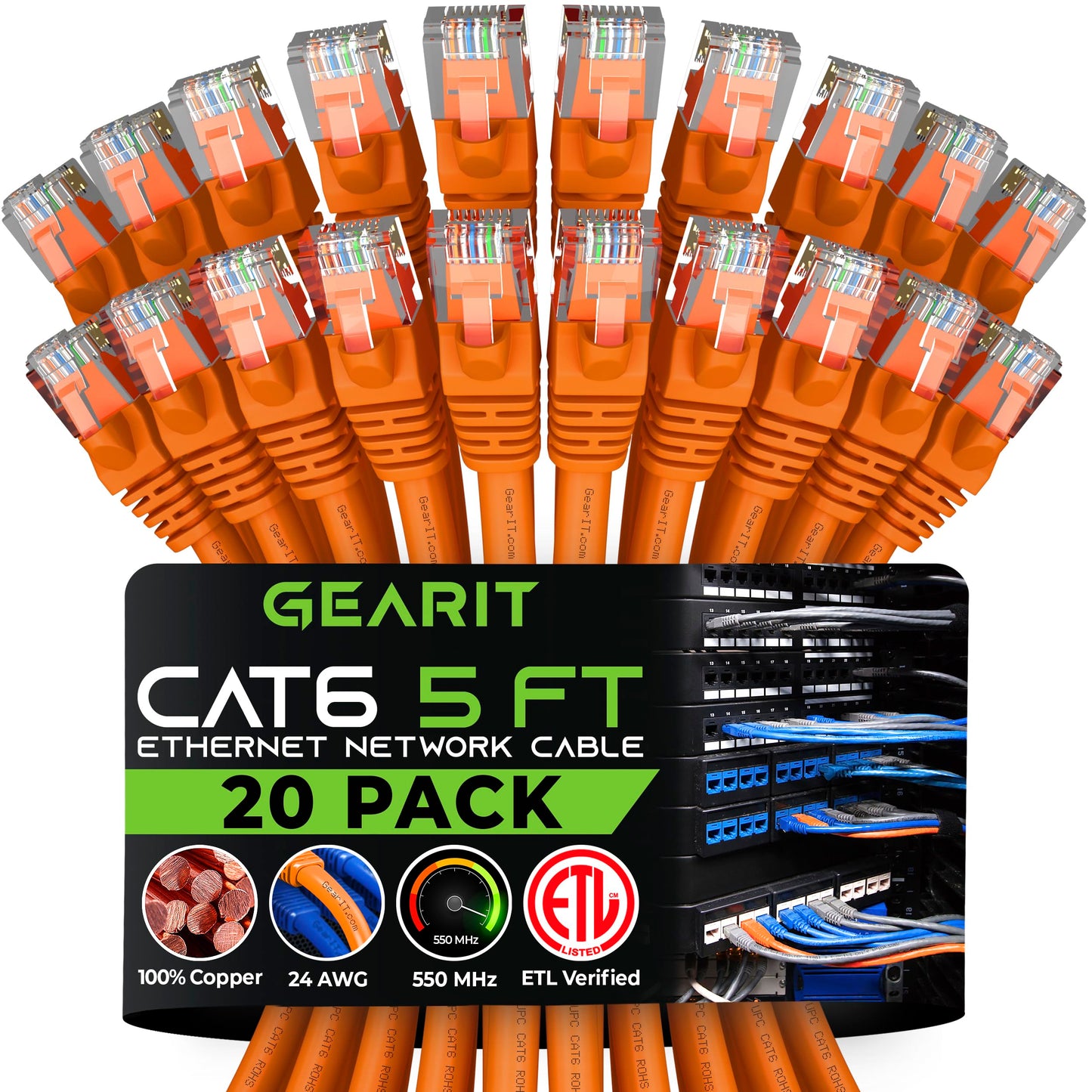 GEARit Cat 6 Ethernet Cable (20-Pack 5 Feet) Cat6 Network Patch, 10Gbps, RJ45, Snagless Cord, Gold-Plated Connectors, Internet for PC, TV, Tablet, Router, Printer, Servers, IT Data Center - Yellow