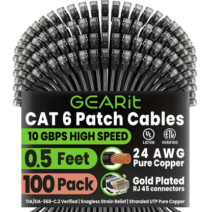 GEARit Cat 6 Ethernet Patch Cable 10 ft Black (10 Pack) Cat6 Patch Cables 10ft Black/Ethernet Patch Cable, 10Gbps 550MHz 24AWG Pure Copper, Snagless, Gold Plated RJ45 for Router, Server, Router, PC