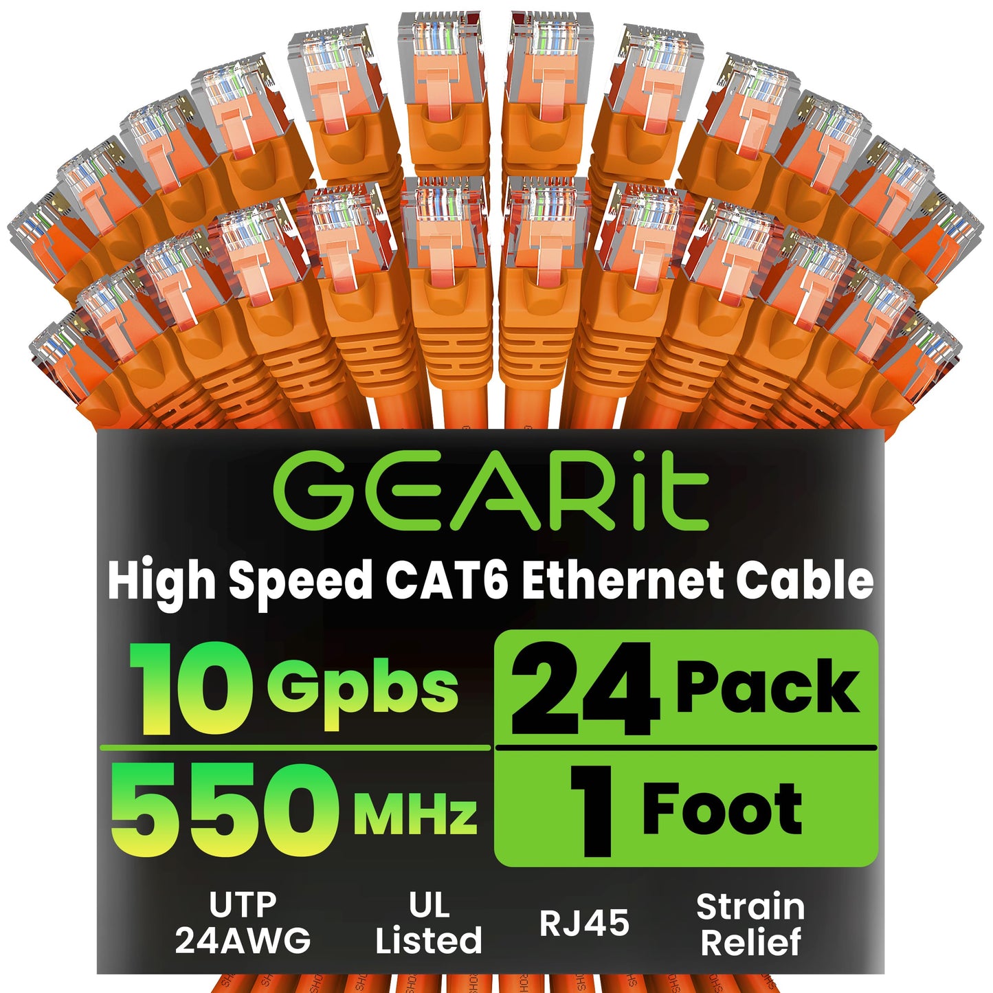 GEARit Cat 6 Ethernet Patch Cables 1 ft Yellow (Cat 6 Ethernet Cables 1 ft 24-Pack), High Speed 24AWG 10Gbps RJ45 Snagless Gold-Plated, Ethernet Cable for Router, Switch, PC, PS5 Gaming, Server
