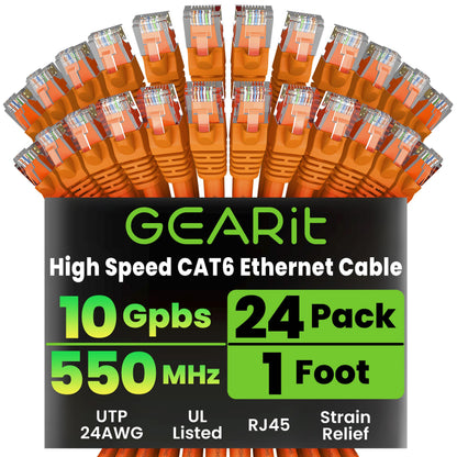 GEARit Cat 6 Ethernet Patch Cables 1 ft Yellow (Cat 6 Ethernet Cables 1 ft 24-Pack), High Speed 24AWG 10Gbps RJ45 Snagless Gold-Plated, Ethernet Cable for Router, Switch, PC, PS5 Gaming, Server