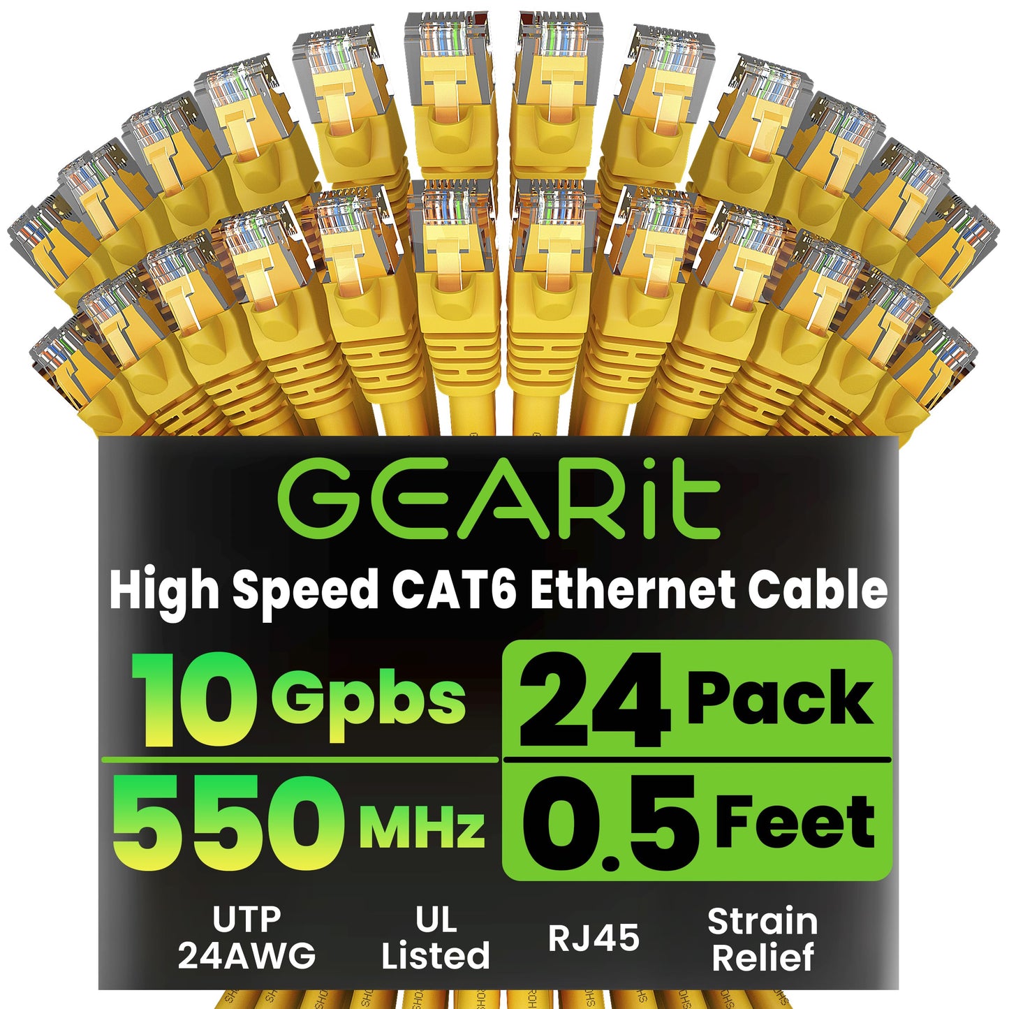 GEARit Cat 6 Ethernet Patch Cables 1 ft Yellow (Cat 6 Ethernet Cables 1 ft 24-Pack), High Speed 24AWG 10Gbps RJ45 Snagless Gold-Plated, Ethernet Cable for Router, Switch, PC, PS5 Gaming, Server