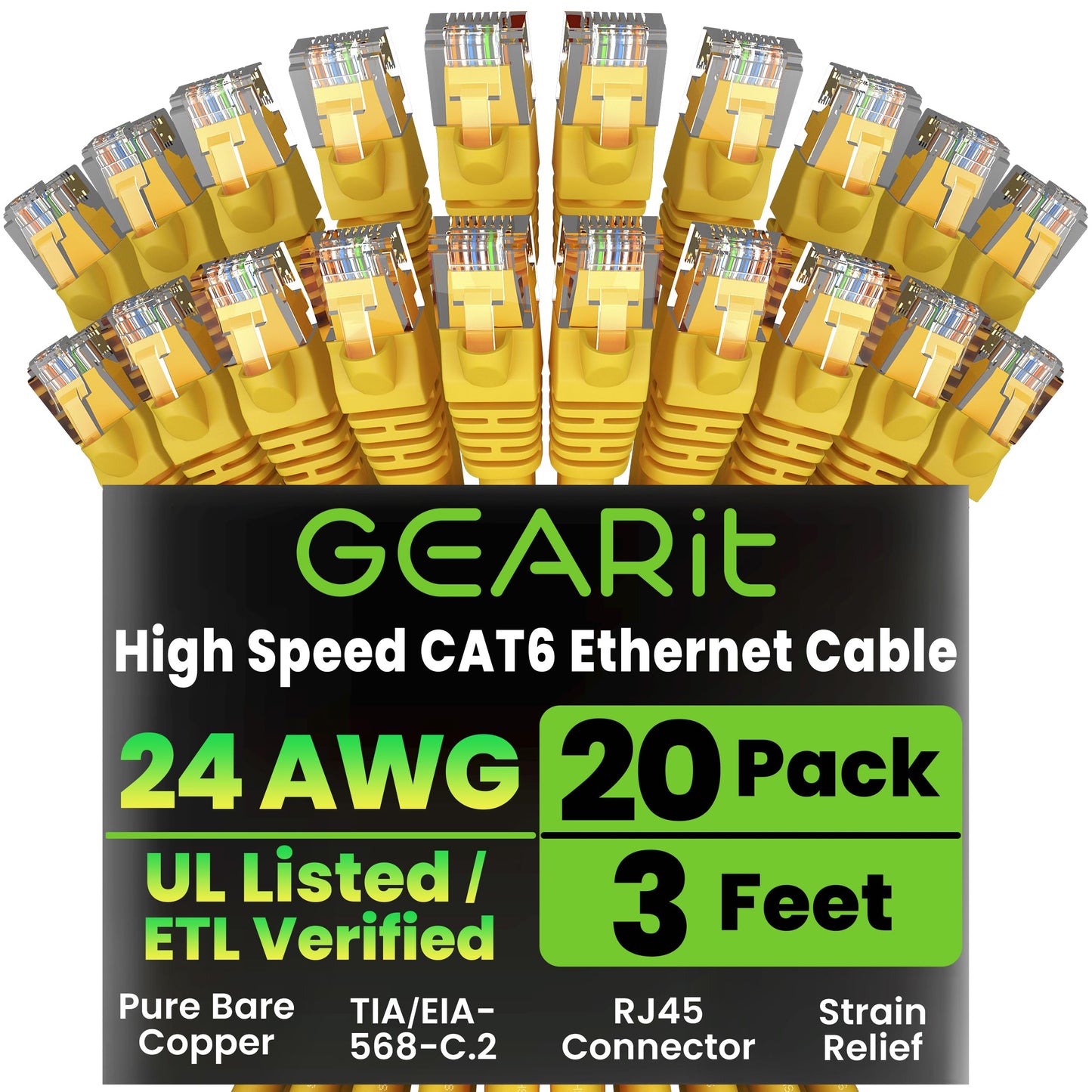 GEARit Cat 6 Ethernet Cable (20-Pack 5 Feet) Cat6 Network Patch, 10Gbps, RJ45, Snagless Cord, Gold-Plated Connectors, Internet for PC, TV, Tablet, Router, Printer, Servers, IT Data Center - Yellow