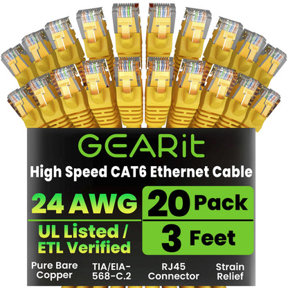 GEARit Cat 6 Ethernet Cable (20-Pack 5 Feet) Cat6 Network Patch, 10Gbps, RJ45, Snagless Cord, Gold-Plated Connectors, Internet for PC, TV, Tablet, Router, Printer, Servers, IT Data Center - Yellow