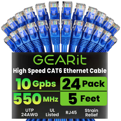 GEARit Cat 6 Ethernet Patch Cables 1 ft Yellow (Cat 6 Ethernet Cables 1 ft 24-Pack), High Speed 24AWG 10Gbps RJ45 Snagless Gold-Plated, Ethernet Cable for Router, Switch, PC, PS5 Gaming, Server