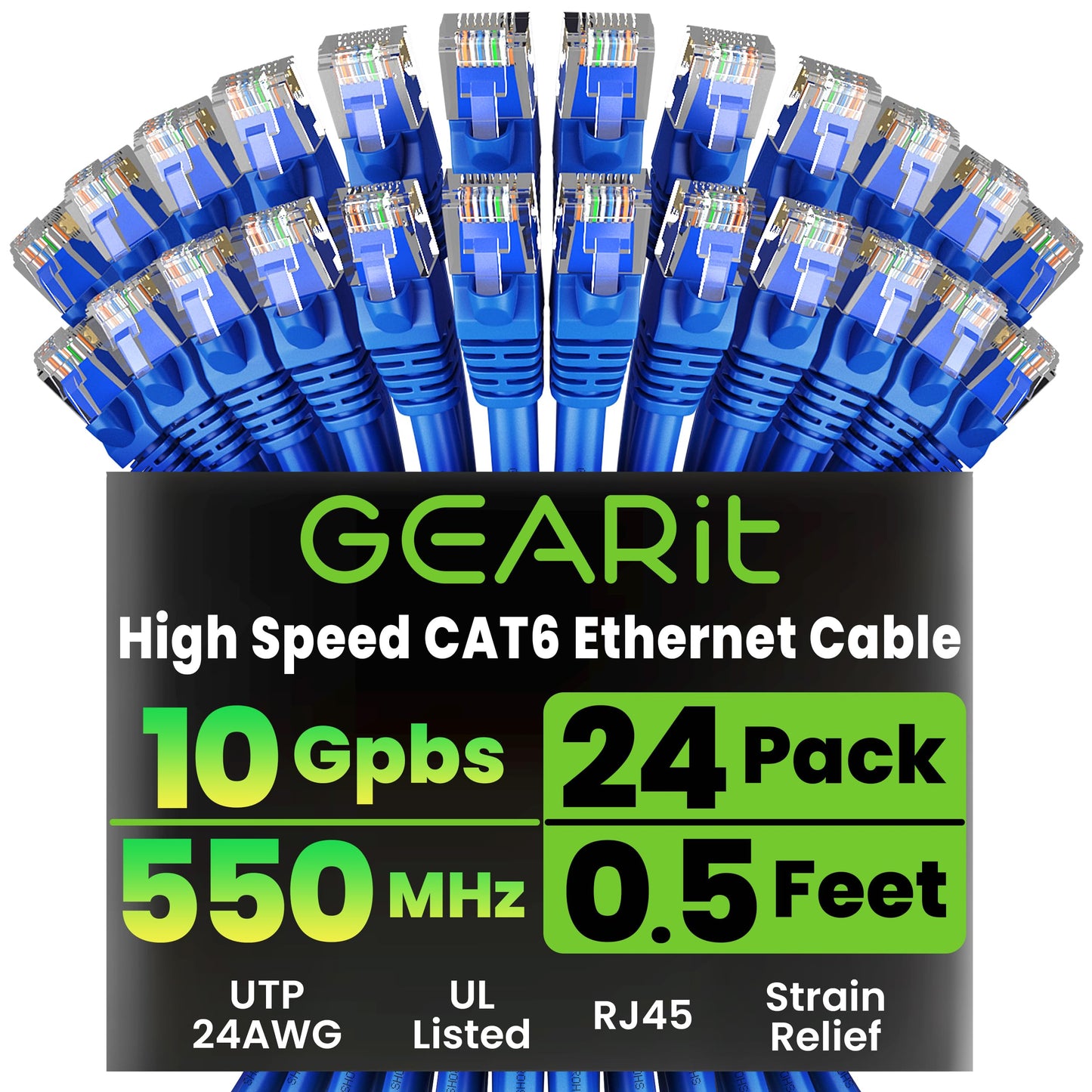 GEARit Cat 6 Ethernet Patch Cables 1 ft Yellow (Cat 6 Ethernet Cables 1 ft 24-Pack), High Speed 24AWG 10Gbps RJ45 Snagless Gold-Plated, Ethernet Cable for Router, Switch, PC, PS5 Gaming, Server