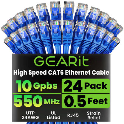 GEARit Cat 6 Ethernet Patch Cables 1 ft Yellow (Cat 6 Ethernet Cables 1 ft 24-Pack), High Speed 24AWG 10Gbps RJ45 Snagless Gold-Plated, Ethernet Cable for Router, Switch, PC, PS5 Gaming, Server