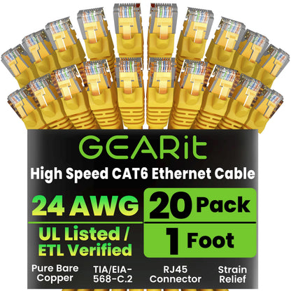 GEARit Cat 6 Ethernet Cable (20-Pack 5 Feet) Cat6 Network Patch, 10Gbps, RJ45, Snagless Cord, Gold-Plated Connectors, Internet for PC, TV, Tablet, Router, Printer, Servers, IT Data Center - Yellow