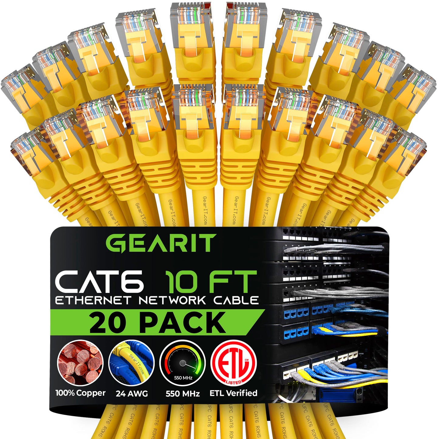 GEARit Cat 6 Ethernet Cable (20-Pack 5 Feet) Cat6 Network Patch, 10Gbps, RJ45, Snagless Cord, Gold-Plated Connectors, Internet for PC, TV, Tablet, Router, Printer, Servers, IT Data Center - Yellow
