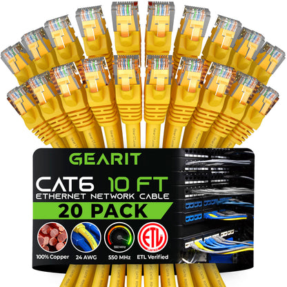 GEARit Cat 6 Ethernet Cable (20-Pack 5 Feet) Cat6 Network Patch, 10Gbps, RJ45, Snagless Cord, Gold-Plated Connectors, Internet for PC, TV, Tablet, Router, Printer, Servers, IT Data Center - Yellow