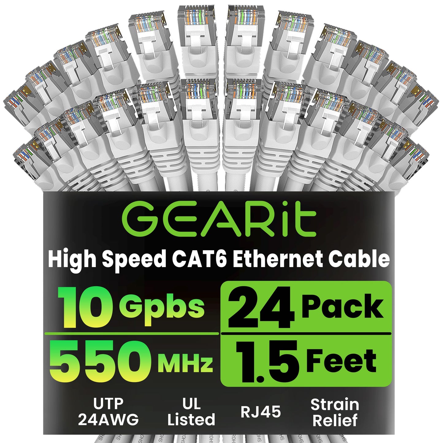 GEARit Cat 6 Ethernet Patch Cables 1 ft Yellow (Cat 6 Ethernet Cables 1 ft 24-Pack), High Speed 24AWG 10Gbps RJ45 Snagless Gold-Plated, Ethernet Cable for Router, Switch, PC, PS5 Gaming, Server