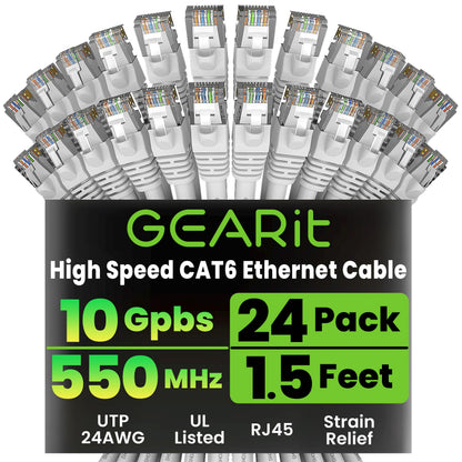 GEARit Cat 6 Ethernet Patch Cables 1 ft Yellow (Cat 6 Ethernet Cables 1 ft 24-Pack), High Speed 24AWG 10Gbps RJ45 Snagless Gold-Plated, Ethernet Cable for Router, Switch, PC, PS5 Gaming, Server