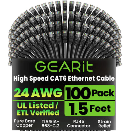 GEARit Cat 6 Ethernet Patch Cable 10 ft Black (10 Pack) Cat6 Patch Cables 10ft Black/Ethernet Patch Cable, 10Gbps 550MHz 24AWG Pure Copper, Snagless, Gold Plated RJ45 for Router, Server, Router, PC