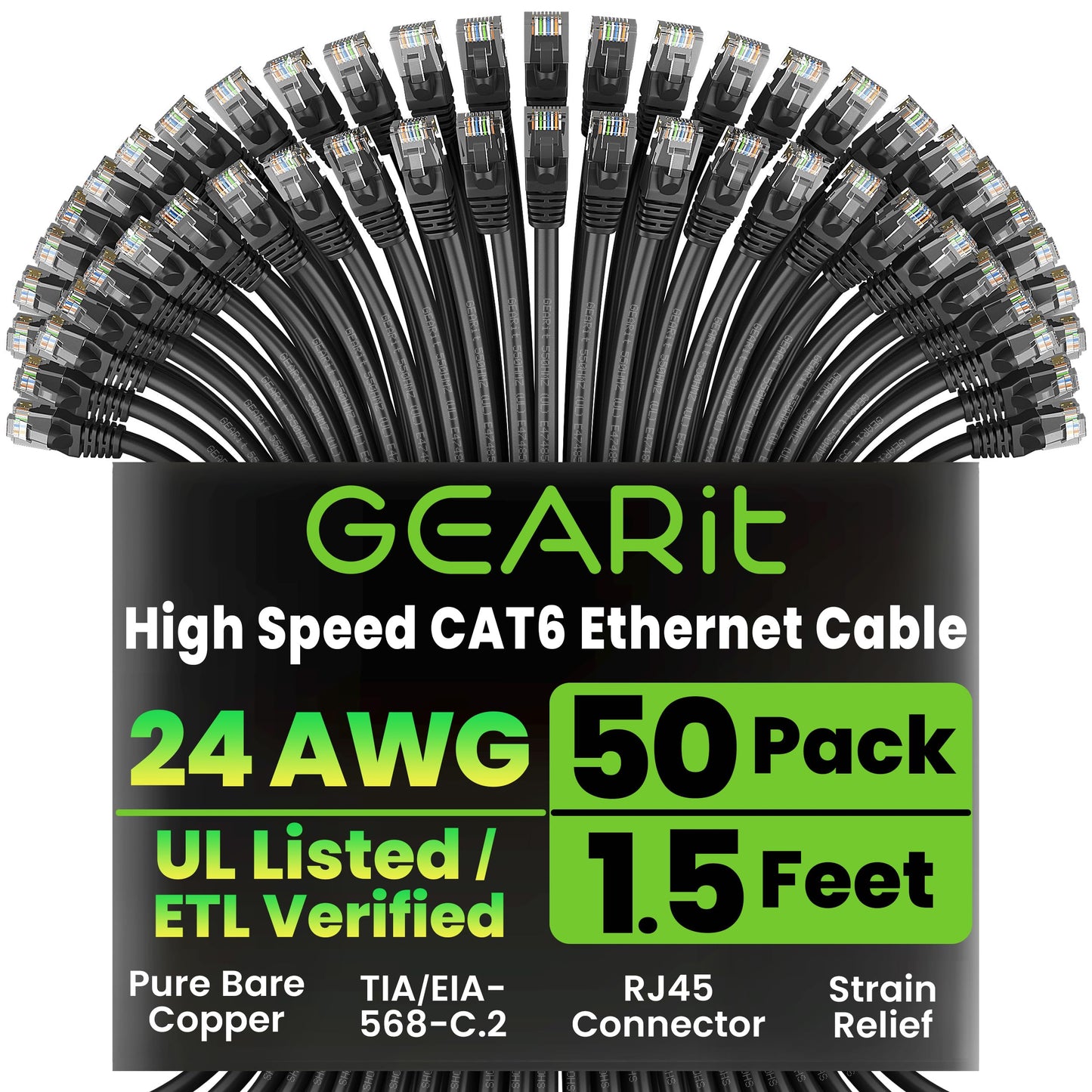 GEARit Cat 6 Ethernet Patch Cable 10 ft Black (10 Pack) Cat6 Patch Cables 10ft Black/Ethernet Patch Cable, 10Gbps 550MHz 24AWG Pure Copper, Snagless, Gold Plated RJ45 for Router, Server, Router, PC