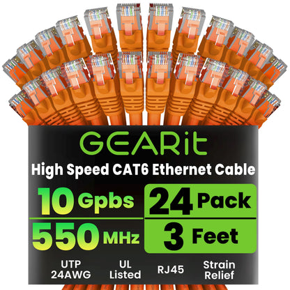 GEARit Cat 6 Ethernet Patch Cables 1 ft Yellow (Cat 6 Ethernet Cables 1 ft 24-Pack), High Speed 24AWG 10Gbps RJ45 Snagless Gold-Plated, Ethernet Cable for Router, Switch, PC, PS5 Gaming, Server