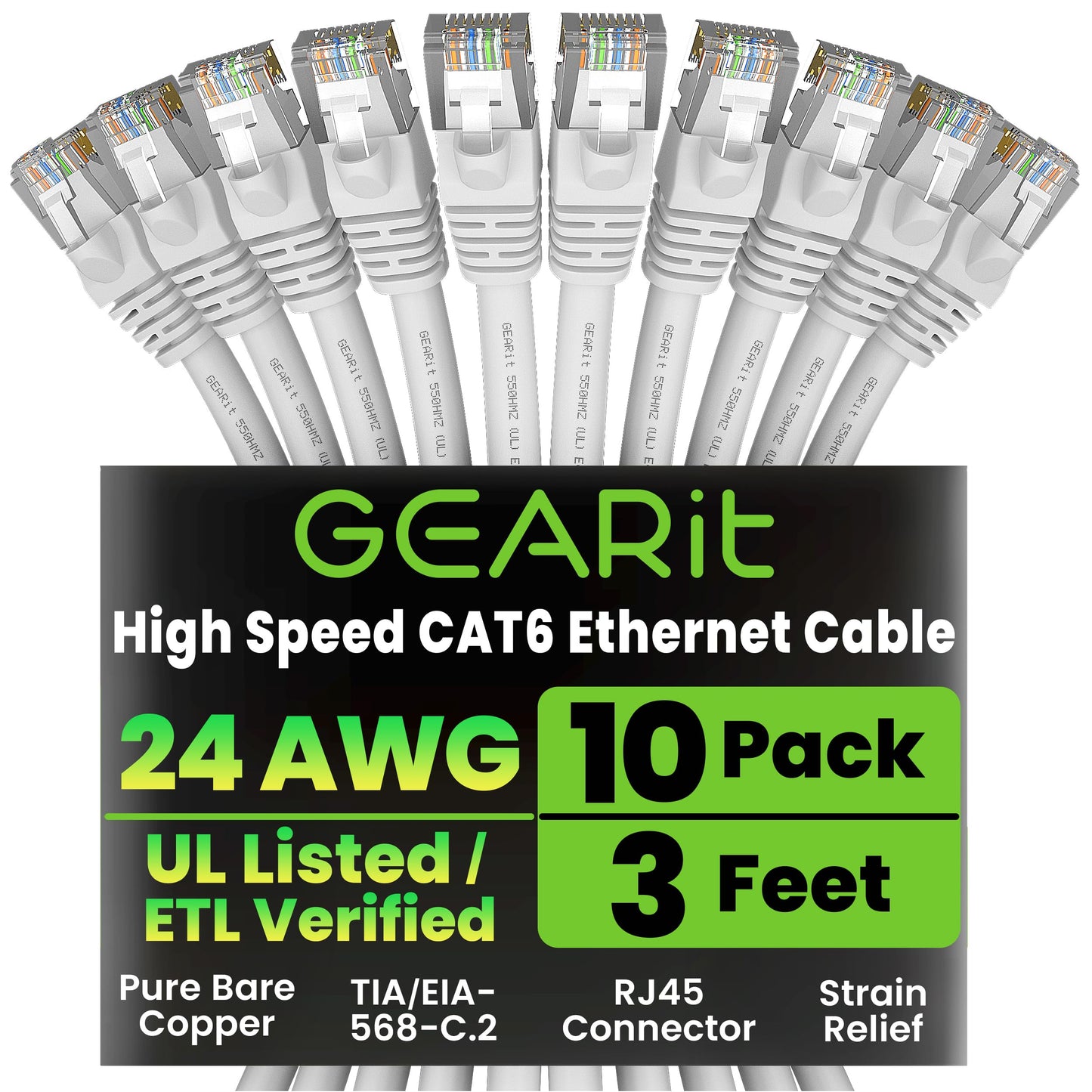 GEARit Cat 6 Ethernet Patch Cable 10 ft Black (10 Pack) Cat6 Patch Cables 10ft Black/Ethernet Patch Cable, 10Gbps 550MHz 24AWG Pure Copper, Snagless, Gold Plated RJ45 for Router, Server, Router, PC