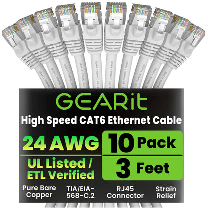 GEARit Cat 6 Ethernet Patch Cable 10 ft Black (10 Pack) Cat6 Patch Cables 10ft Black/Ethernet Patch Cable, 10Gbps 550MHz 24AWG Pure Copper, Snagless, Gold Plated RJ45 for Router, Server, Router, PC