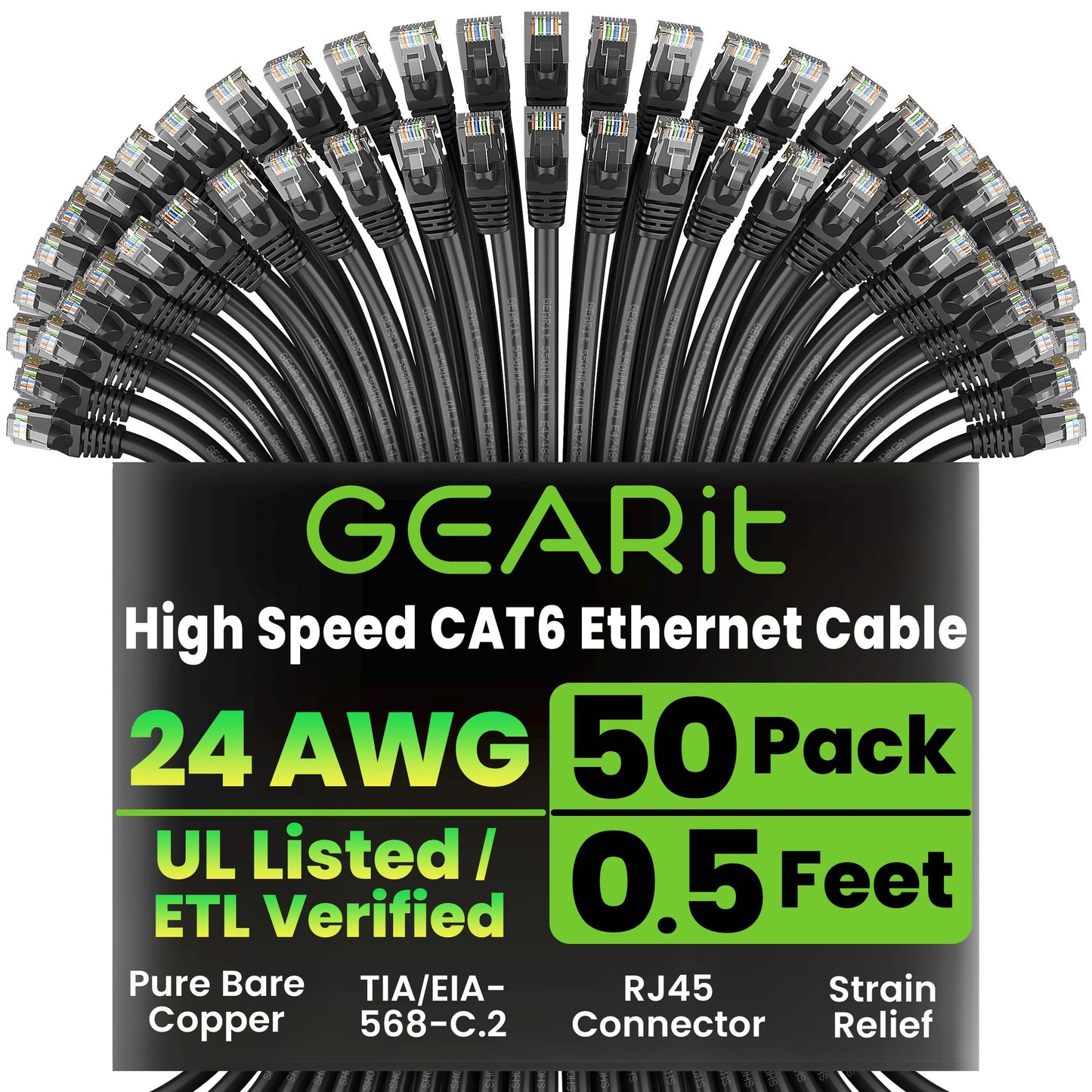 GEARit Cat 6 Ethernet Patch Cable 10 ft Black (10 Pack) Cat6 Patch Cables 10ft Black/Ethernet Patch Cable, 10Gbps 550MHz 24AWG Pure Copper, Snagless, Gold Plated RJ45 for Router, Server, Router, PC