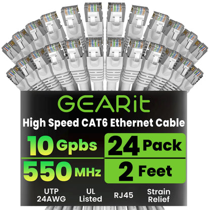 GEARit Cat 6 Ethernet Patch Cables 1 ft Yellow (Cat 6 Ethernet Cables 1 ft 24-Pack), High Speed 24AWG 10Gbps RJ45 Snagless Gold-Plated, Ethernet Cable for Router, Switch, PC, PS5 Gaming, Server