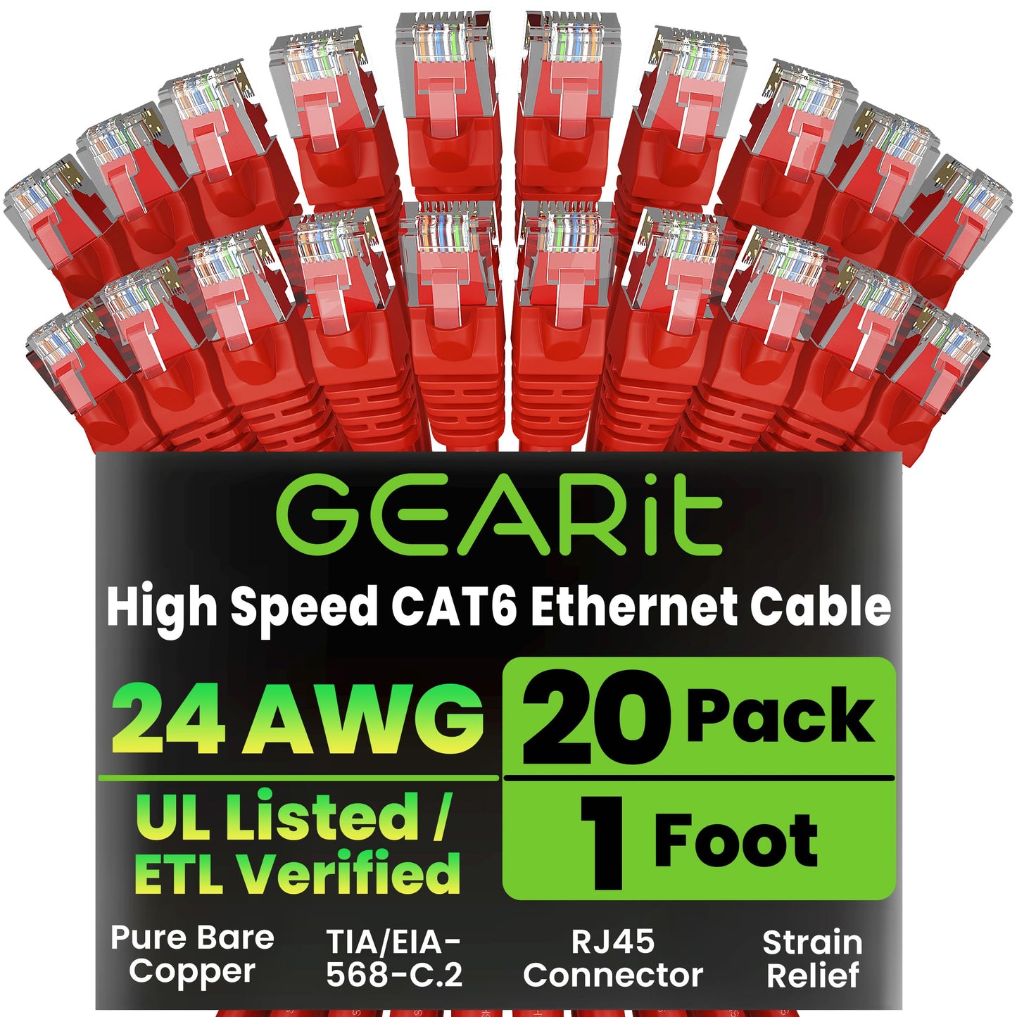 GEARit Cat 6 Ethernet Cable (20-Pack 5 Feet) Cat6 Network Patch, 10Gbps, RJ45, Snagless Cord, Gold-Plated Connectors, Internet for PC, TV, Tablet, Router, Printer, Servers, IT Data Center - Yellow