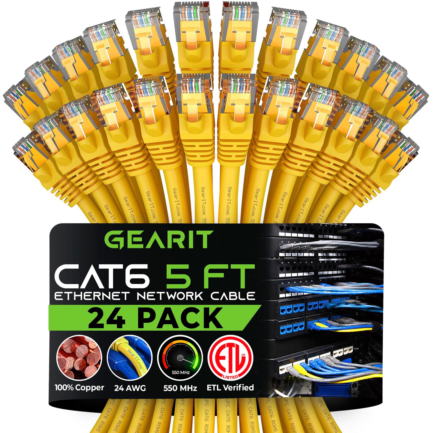 GEARit Cat 6 Ethernet Patch Cables 1 ft Yellow (Cat 6 Ethernet Cables 1 ft 24-Pack), High Speed 24AWG 10Gbps RJ45 Snagless Gold-Plated, Ethernet Cable for Router, Switch, PC, PS5 Gaming, Server