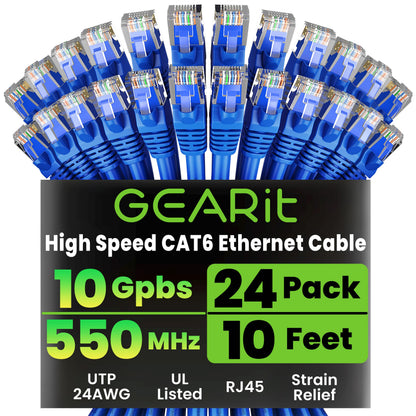 GEARit Cat 6 Ethernet Patch Cables 1 ft Yellow (Cat 6 Ethernet Cables 1 ft 24-Pack), High Speed 24AWG 10Gbps RJ45 Snagless Gold-Plated, Ethernet Cable for Router, Switch, PC, PS5 Gaming, Server