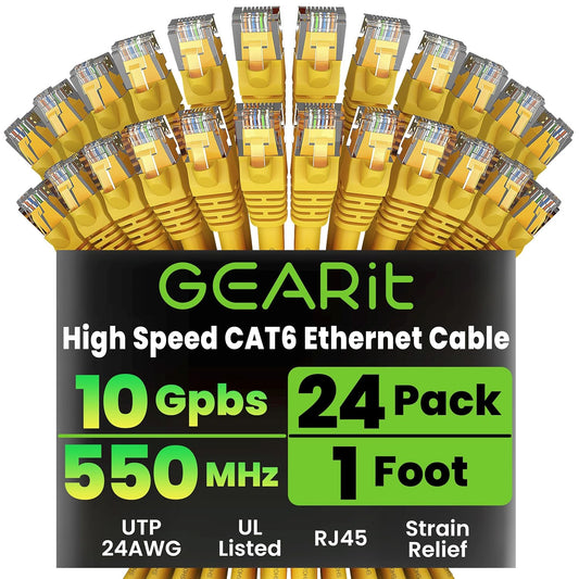 GEARit Cat 6 Ethernet Patch Cables 1 ft Yellow (Cat 6 Ethernet Cables 1 ft 24-Pack), High Speed 24AWG 10Gbps RJ45 Snagless Gold-Plated, Ethernet Cable for Router, Switch, PC, PS5 Gaming, Server