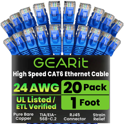 GEARit Cat 6 Ethernet Cable (20-Pack 5 Feet) Cat6 Network Patch, 10Gbps, RJ45, Snagless Cord, Gold-Plated Connectors, Internet for PC, TV, Tablet, Router, Printer, Servers, IT Data Center - Yellow