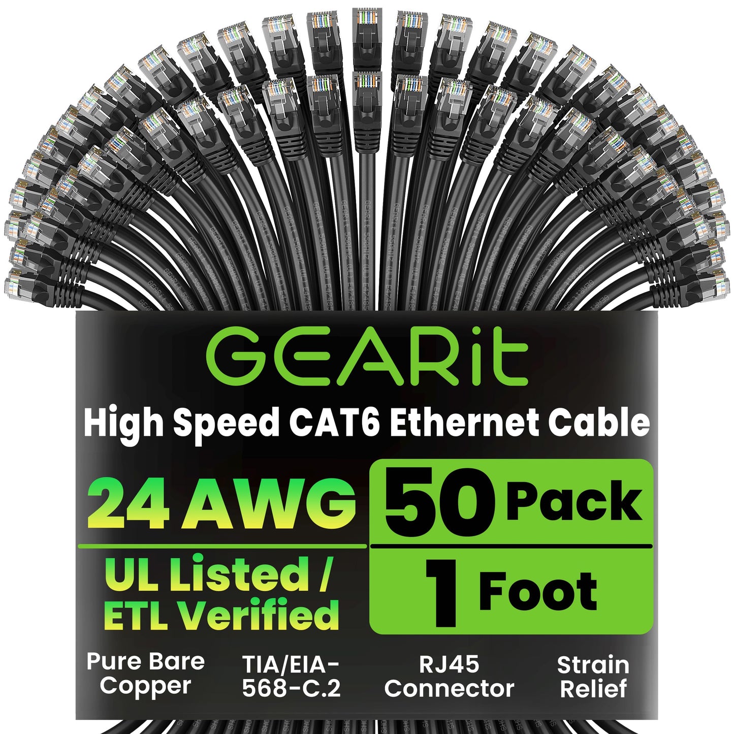 GEARit Cat 6 Ethernet Patch Cable 10 ft Black (10 Pack) Cat6 Patch Cables 10ft Black/Ethernet Patch Cable, 10Gbps 550MHz 24AWG Pure Copper, Snagless, Gold Plated RJ45 for Router, Server, Router, PC