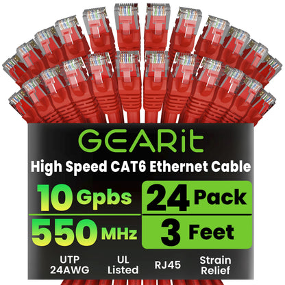 GEARit Cat 6 Ethernet Patch Cables 1 ft Yellow (Cat 6 Ethernet Cables 1 ft 24-Pack), High Speed 24AWG 10Gbps RJ45 Snagless Gold-Plated, Ethernet Cable for Router, Switch, PC, PS5 Gaming, Server