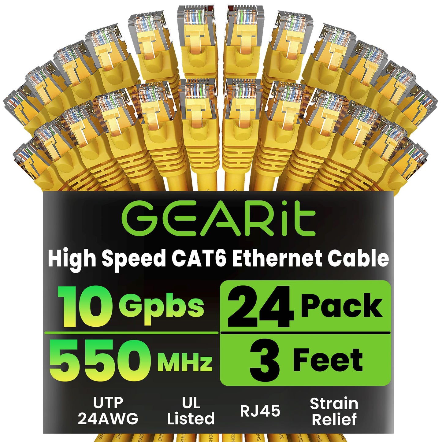 GEARit Cat 6 Ethernet Patch Cables 1 ft Yellow (Cat 6 Ethernet Cables 1 ft 24-Pack), High Speed 24AWG 10Gbps RJ45 Snagless Gold-Plated, Ethernet Cable for Router, Switch, PC, PS5 Gaming, Server