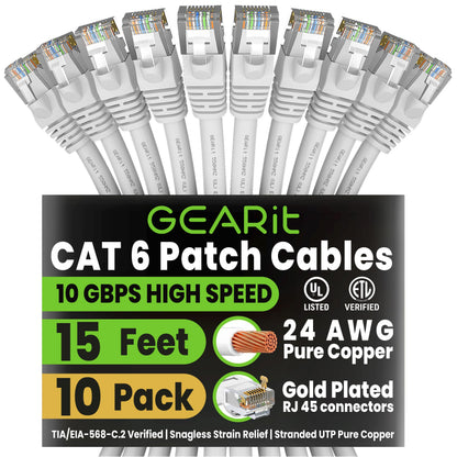 GEARit Cat 6 Ethernet Patch Cable 10 ft Black (10 Pack) Cat6 Patch Cables 10ft Black/Ethernet Patch Cable, 10Gbps 550MHz 24AWG Pure Copper, Snagless, Gold Plated RJ45 for Router, Server, Router, PC