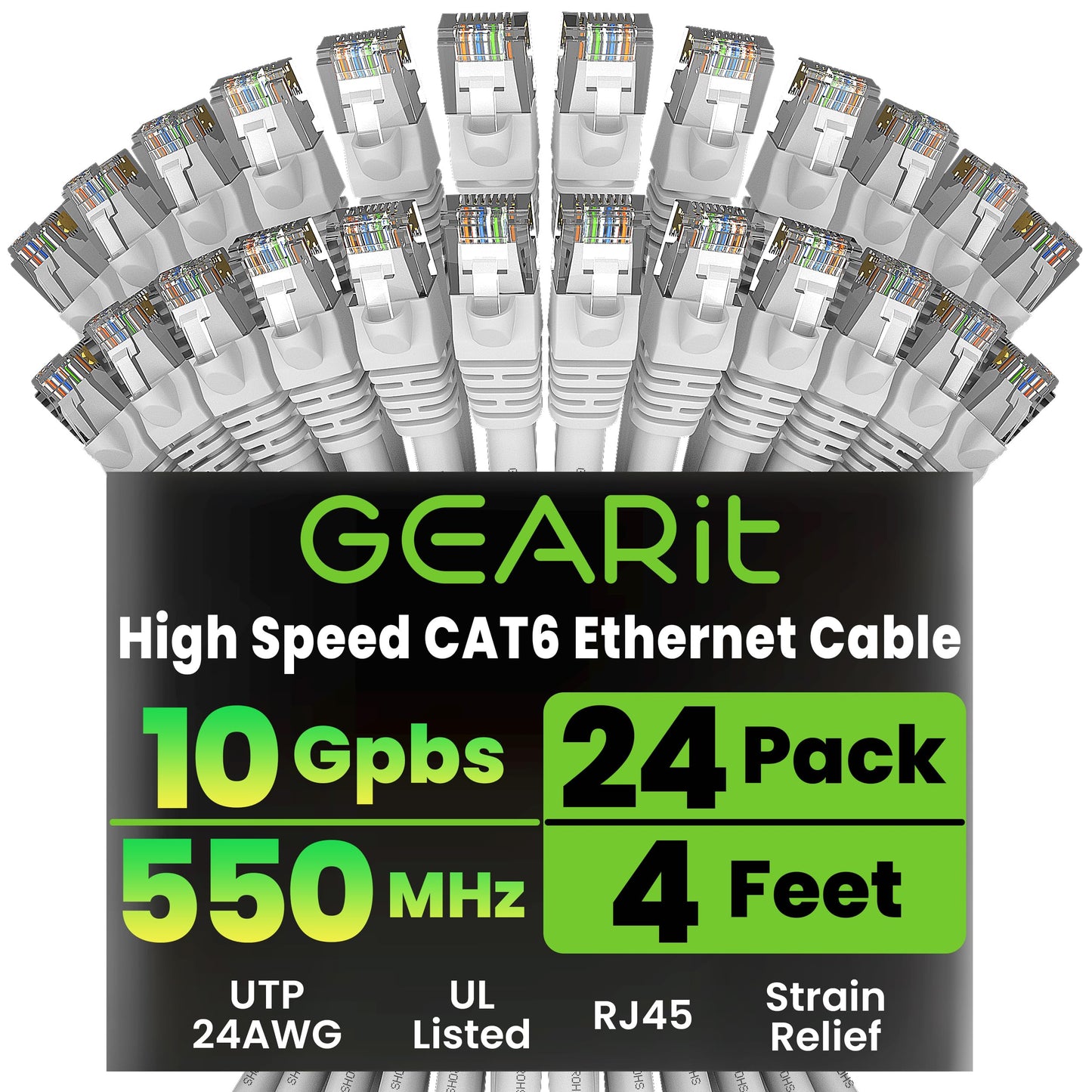 GEARit Cat 6 Ethernet Patch Cables 1 ft Yellow (Cat 6 Ethernet Cables 1 ft 24-Pack), High Speed 24AWG 10Gbps RJ45 Snagless Gold-Plated, Ethernet Cable for Router, Switch, PC, PS5 Gaming, Server