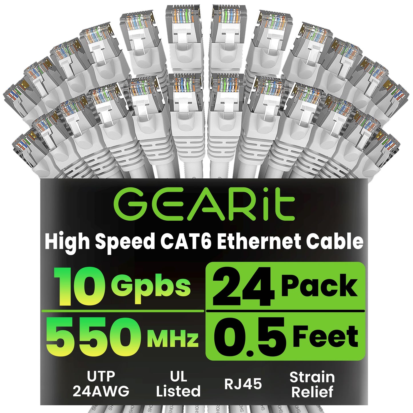 GEARit Cat 6 Ethernet Patch Cables 1 ft Yellow (Cat 6 Ethernet Cables 1 ft 24-Pack), High Speed 24AWG 10Gbps RJ45 Snagless Gold-Plated, Ethernet Cable for Router, Switch, PC, PS5 Gaming, Server