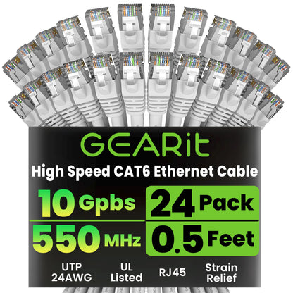 GEARit Cat 6 Ethernet Patch Cables 1 ft Yellow (Cat 6 Ethernet Cables 1 ft 24-Pack), High Speed 24AWG 10Gbps RJ45 Snagless Gold-Plated, Ethernet Cable for Router, Switch, PC, PS5 Gaming, Server