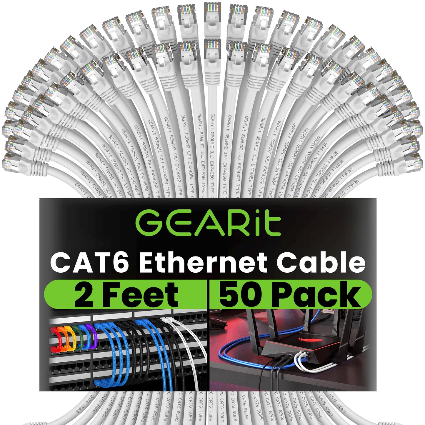 GEARit Cat 6 Ethernet Patch Cable 10 ft Black (10 Pack) Cat6 Patch Cables 10ft Black/Ethernet Patch Cable, 10Gbps 550MHz 24AWG Pure Copper, Snagless, Gold Plated RJ45 for Router, Server, Router, PC