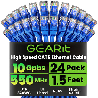 GEARit Cat 6 Ethernet Patch Cables 1 ft Yellow (Cat 6 Ethernet Cables 1 ft 24-Pack), High Speed 24AWG 10Gbps RJ45 Snagless Gold-Plated, Ethernet Cable for Router, Switch, PC, PS5 Gaming, Server