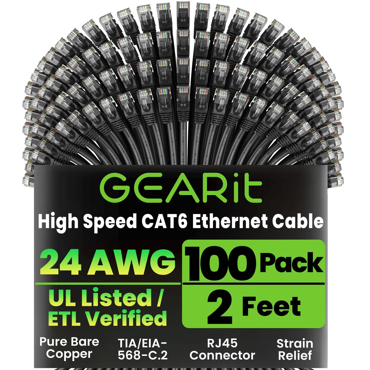 GEARit Cat 6 Ethernet Patch Cable 10 ft Black (10 Pack) Cat6 Patch Cables 10ft Black/Ethernet Patch Cable, 10Gbps 550MHz 24AWG Pure Copper, Snagless, Gold Plated RJ45 for Router, Server, Router, PC